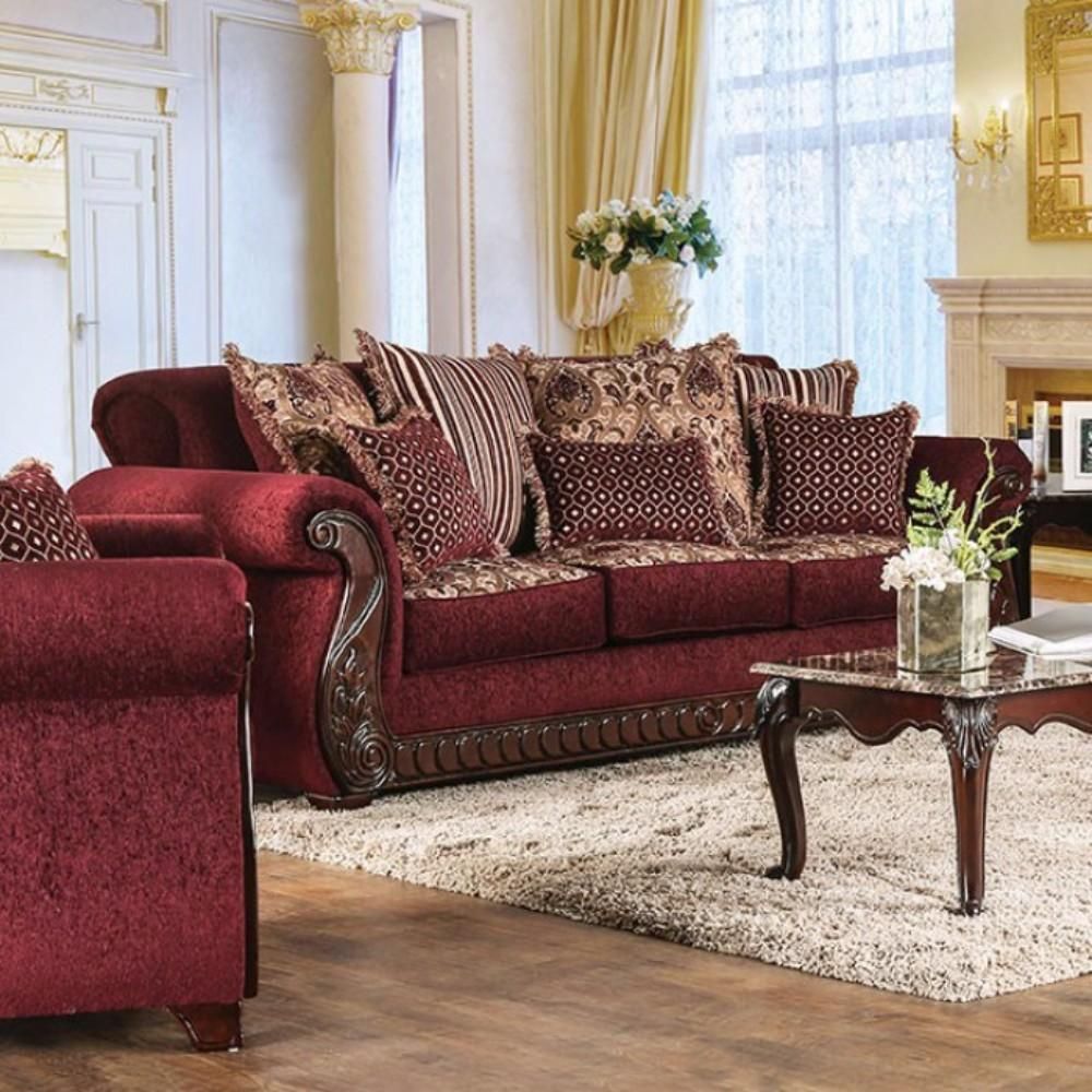 Tabitha Traditional Style Fabric Leatherette Sofa Wine Traditional Sofa Furniture Furniture Of America