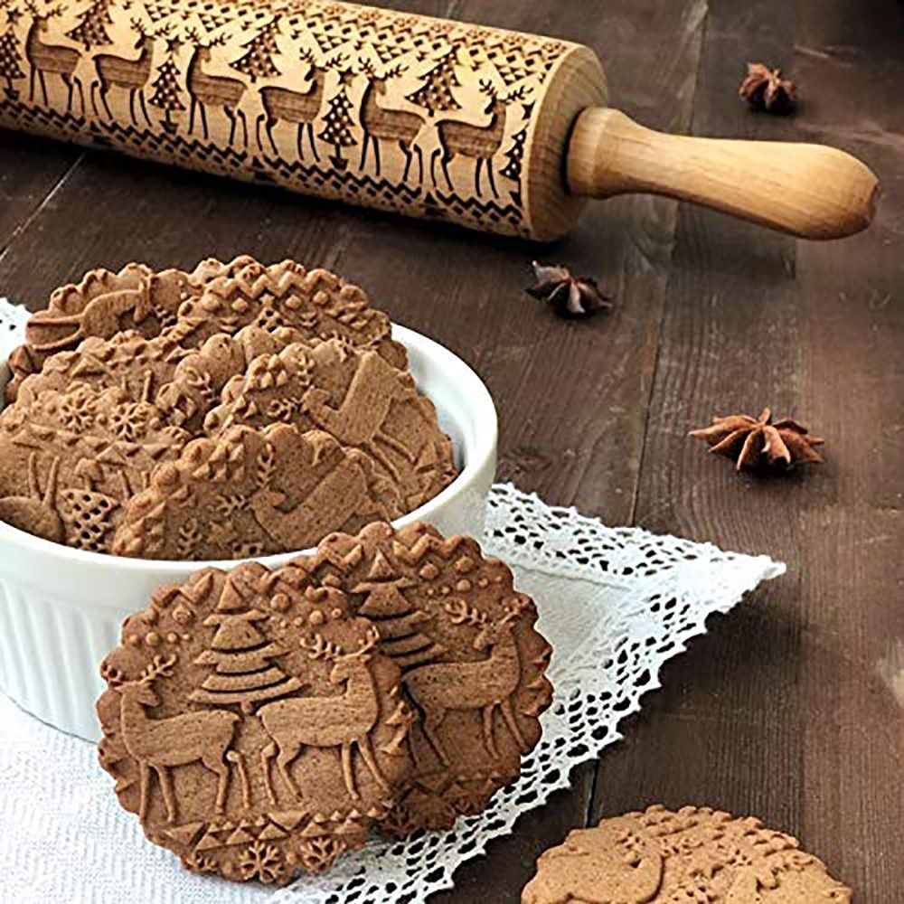 NEW Christmas Embossing Rolling Pin For Baking Cokies Fondant Dough Roller 2019
