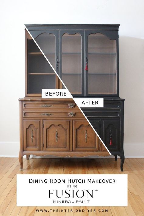 Dining room hutch makeover by @interiordiyer using Fusion Mineral Paint's 'Coal Black'! #FusionMineralPaint #PaintItBeautiful #FusionFamily Dining Room Hutch, Diy Dining Room, Farmhouse Dining Room, Farmhouse Furniture, Refurbished Furniture, Dining Room Design, Upcycled Furniture, Furniture Makeover, Vintage Furniture