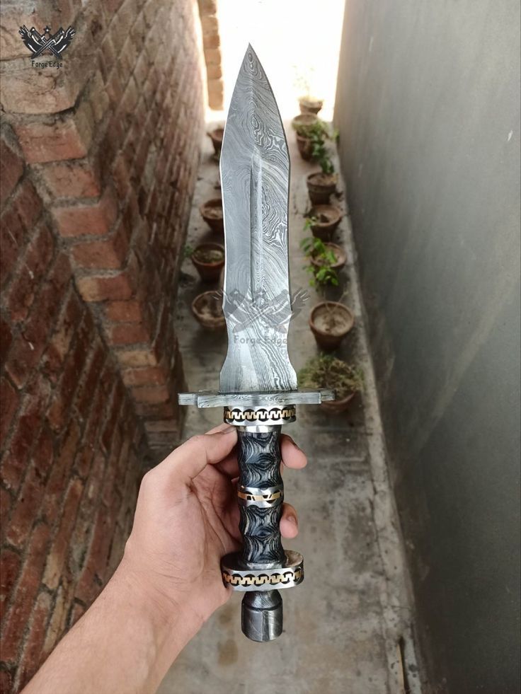Custom Handmade 15 Inches Damascus Steel Double Edge Hunting Dagger With Hand Leather Sheath/ Beautiful Handle of Pakka Wood With Damascus Guard & Damascus Pommel/ Handmade Leather Sheath / Personalized Gift/ Gift for Him Damascus Knife, Damascus Steel, Dagger Knife, Fantasy Weapons, Knives And Swords, Hand Forged, That Way, Forging, Leather Handmade