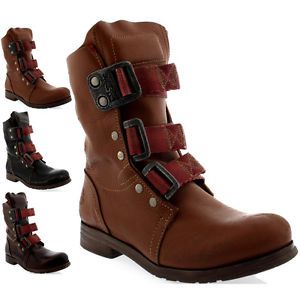 Fly London Womens Stif Leather Pull On Military Biker Buckle Ankle Boots
