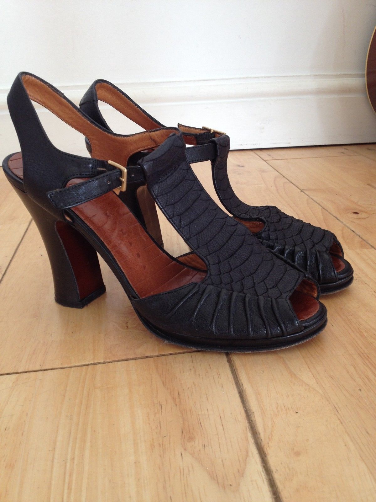 Peep Sandalsshoes 5 Black Textured Toe Size Leather Mihara Chie Or clFJTK13