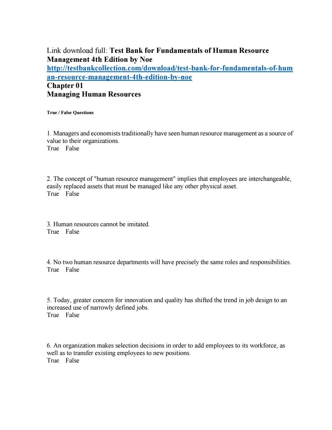 Download test bank for fundamentals of human resource management 4th edition by noe hollenbeck gerha