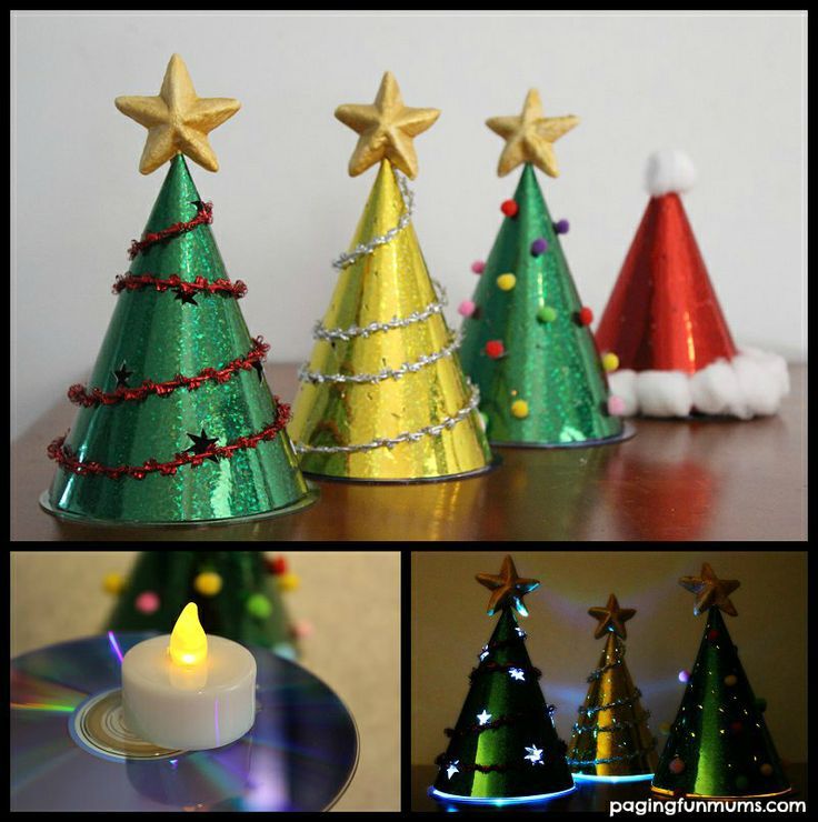 Christmas Party Hat Ideas Part - 29: Glowing Christmas Tree Craft For Kids - Using Party Hats And Old CDs. An Easy