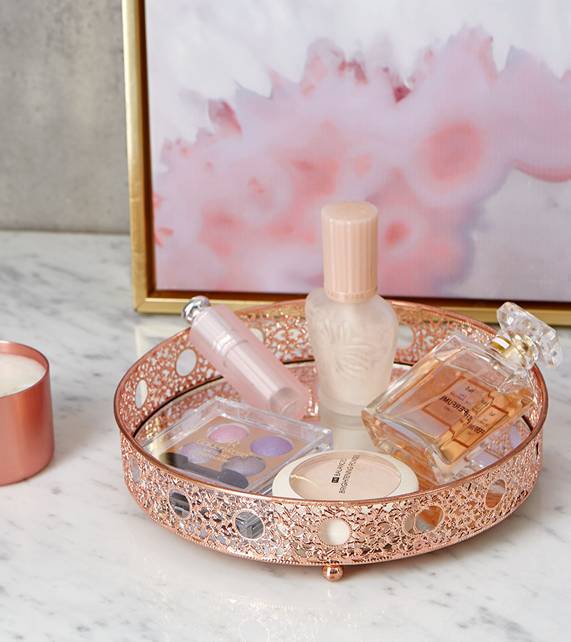 Ega Rose Gold Metal Mirror Tray Medium Rounded Intricate Room Decor Bedroom Ega Rose Gold Metal Mirror Tray, Mirror Perfume Tray Rose Gold