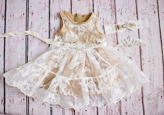 Rustic Country Tan/Champagne Flower Girl Dress, Toddler Wedding Dress, Birthday/Cake Smash Outfit