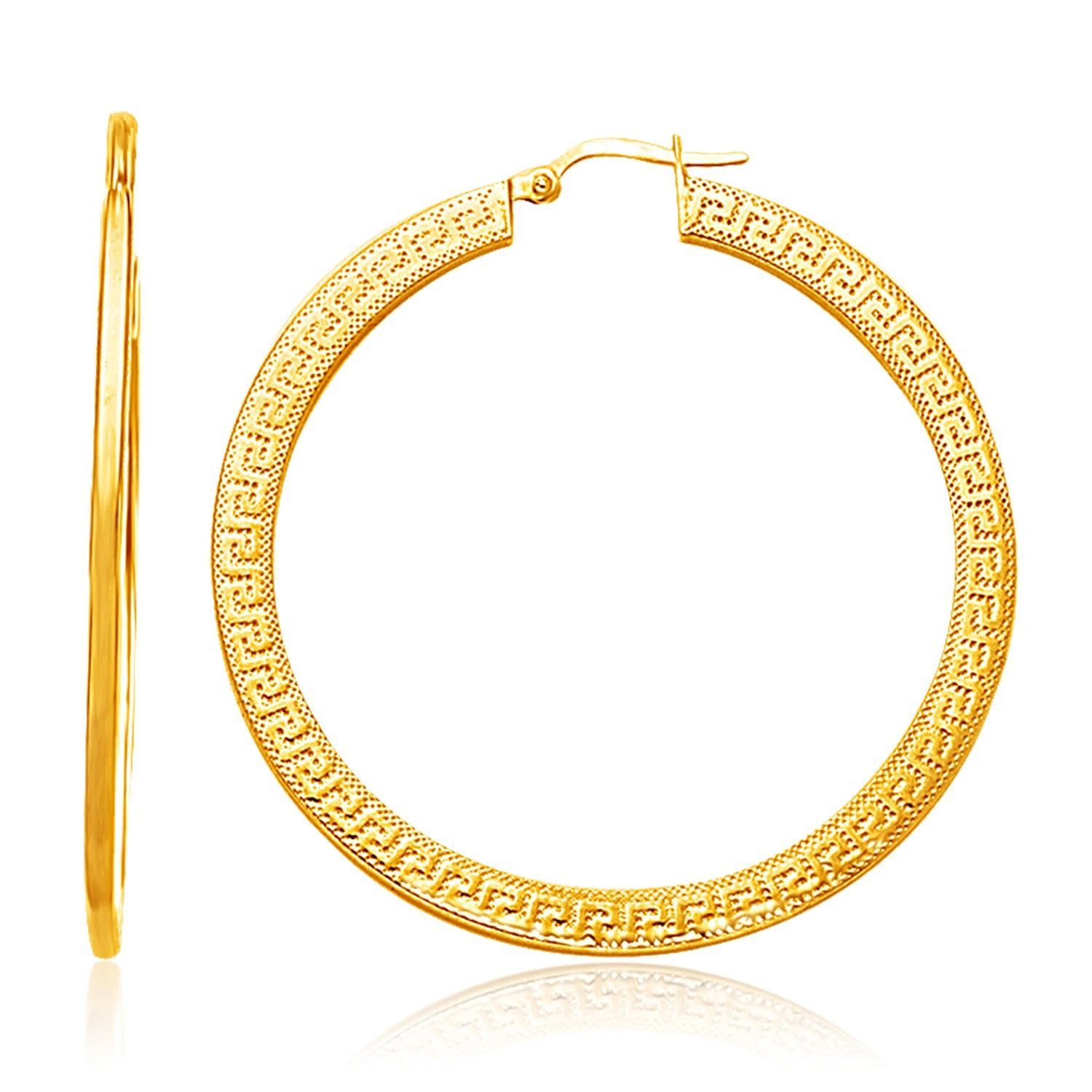 14k Yellow Gold Greek Key Extra Large Hoop Earrings With Flat Sides 14k Yellow Gold Greek Key Extra Large Hoop Earrings With Flat Sides