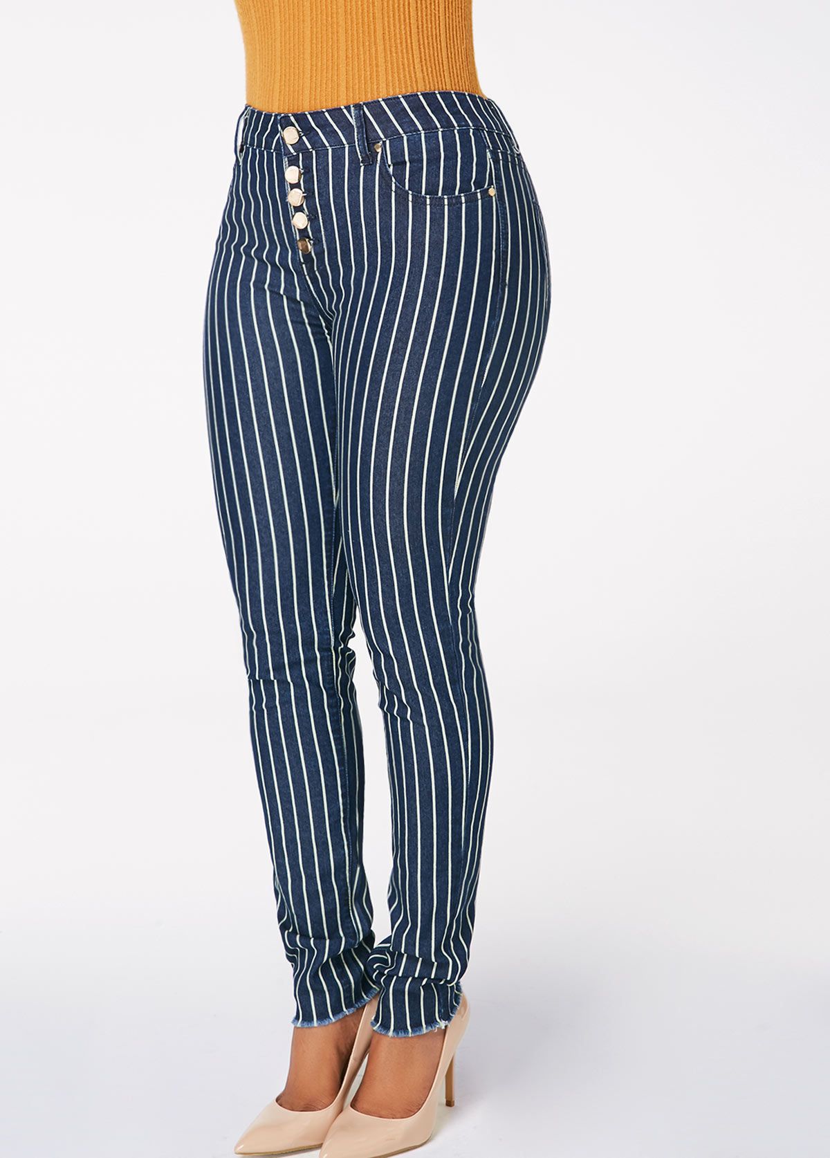 Button Front Vertical Stripe Frayed Hem Denim Pants Rotita Com Usd 28 47