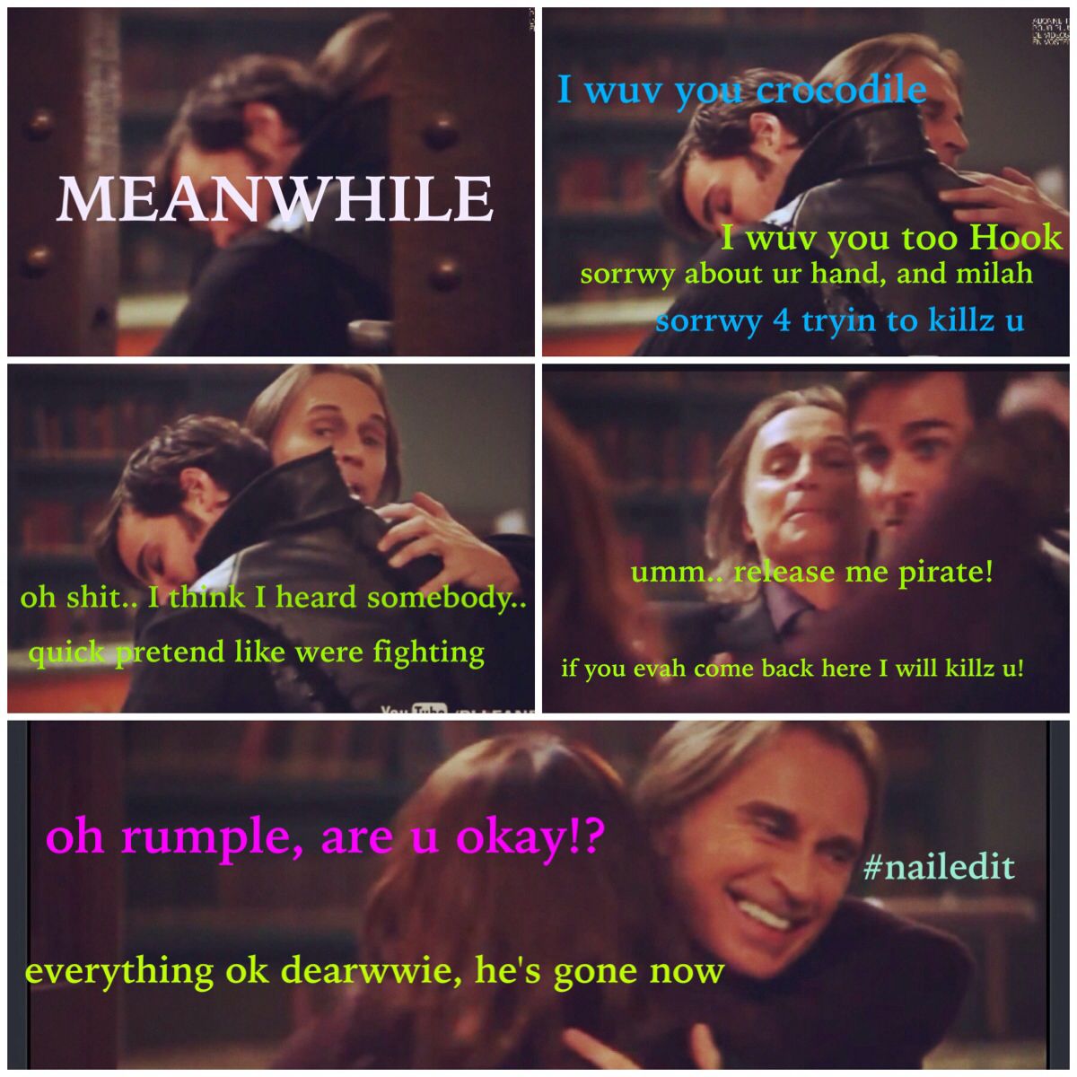 Once Upon A Time Bloopers Season 1 2 3 Hook & rumplestilskin make up and hug it out. OUAT-- Once Upon a Time