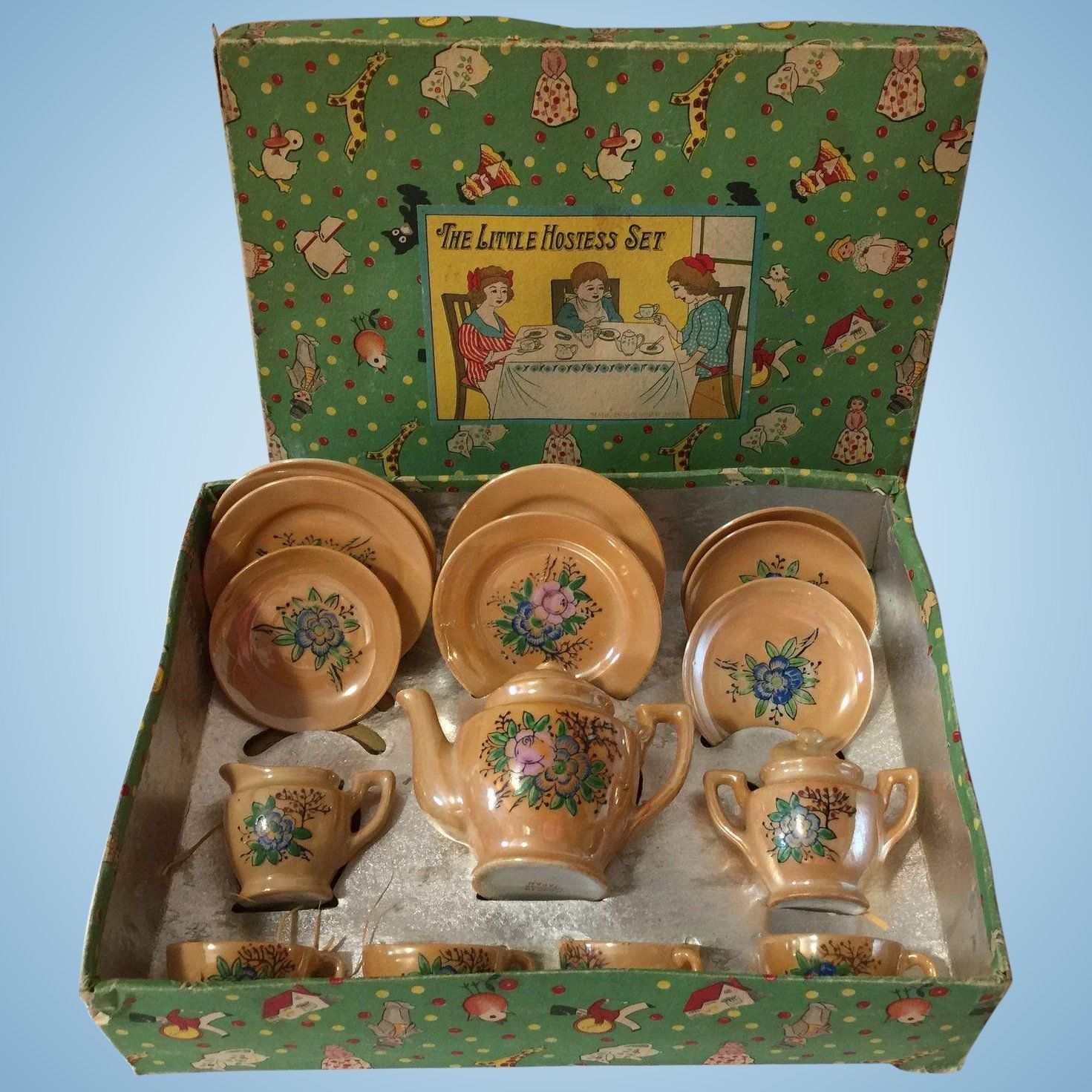 2 cups and saucers tea pot occupied Japan Vintage childrens tea set mix matched