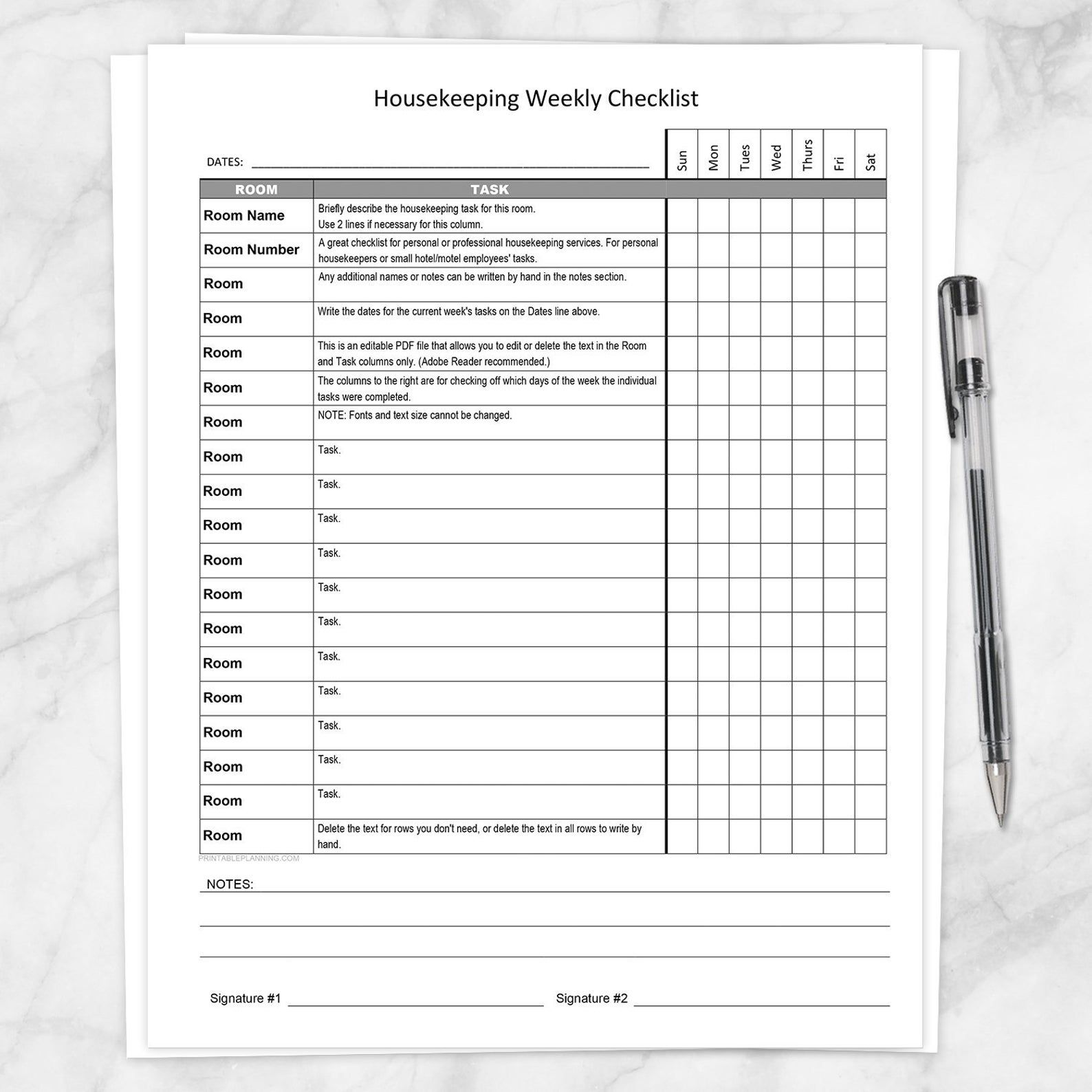 Printable Housekeeping Weekly Checklist, Editable PDF