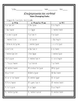Spanish Stem Changing Verbs Conjugation Worksheet Tpt La Clase De This Is A Great Quick Worksheet Reviewing Conjugations On Common Stem Changing Verbs In The