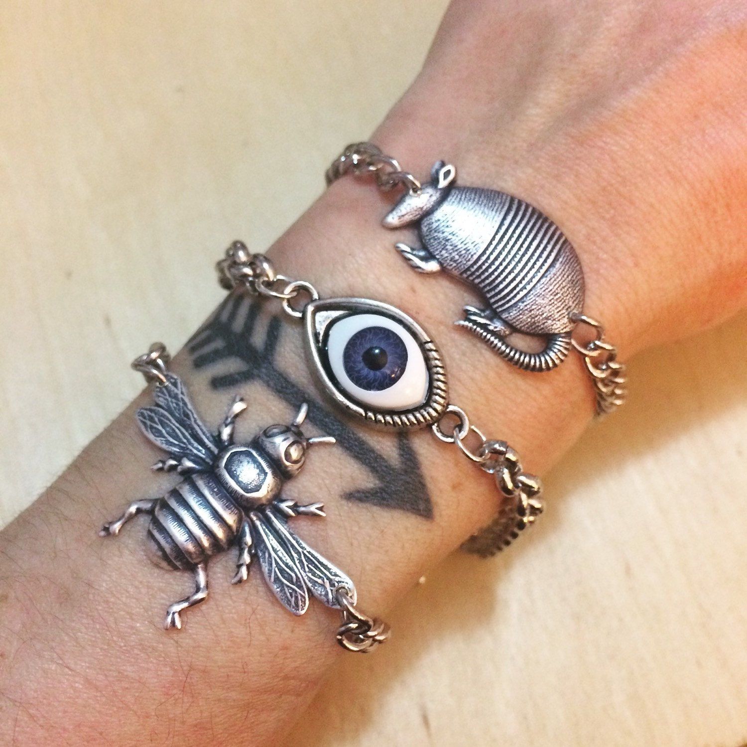Shipped this trio out to a lovely lady in Oregon! #Eye #bracelet SOLD OUT, but #armadillo and #bee #bracelets still available at hey tiger in Louisville, ky and in my #etsyshop. ✌️ . . . #hellostranger #heytiger #jewelrydesigner #jewelrymaker #jewelrymaking #onlineshop #etsy #etsyhandmade #etsyseller #girlboss #entrepreneur #makersgonnamake #makersmonday #handmade #handmadejewelry #handmadebracelet #jewelryforsale #buyhandmade #supporthandmade #stackingbracelets