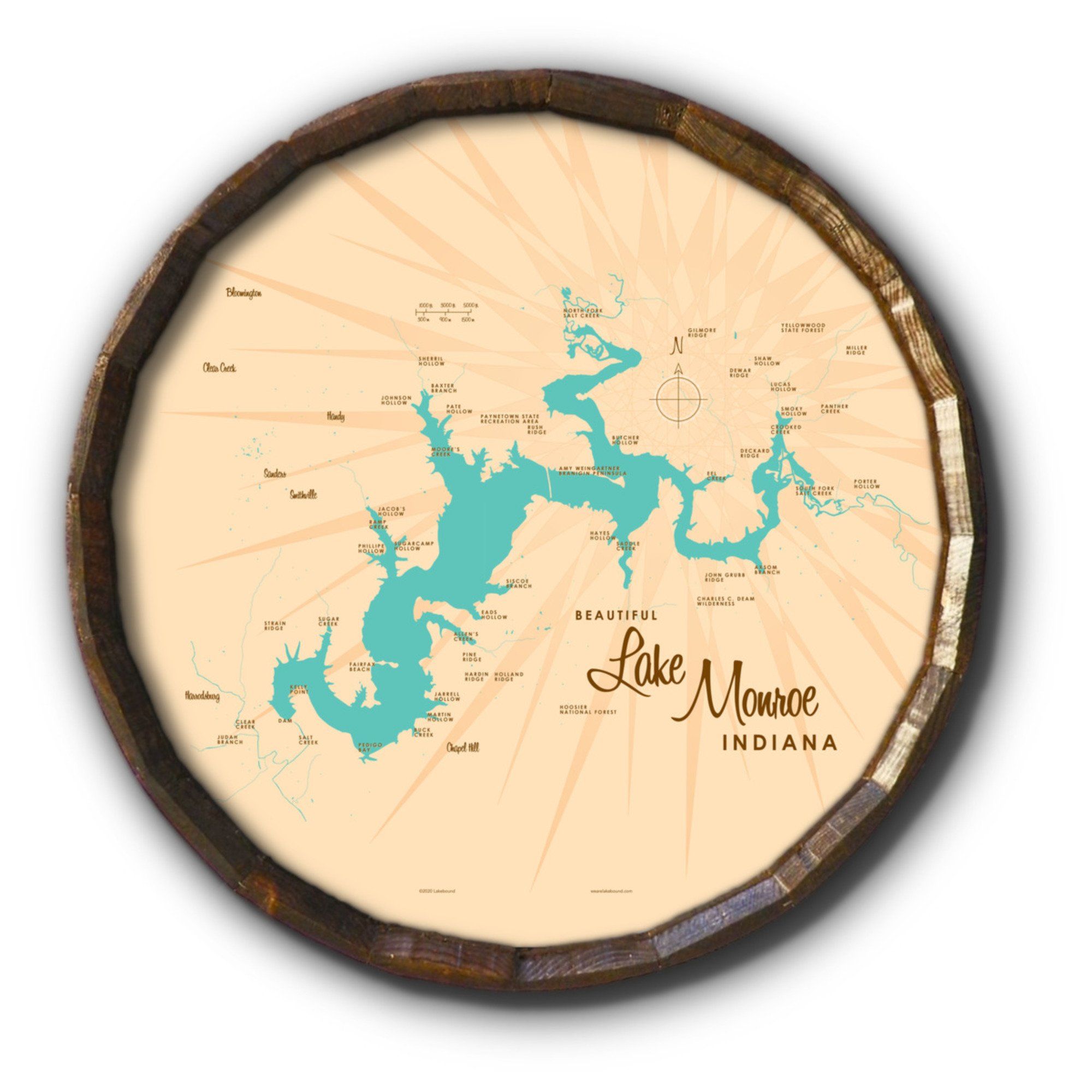 Lake Monroe Indiana, Barrel End Map Art - 21 x 21 inches / Black