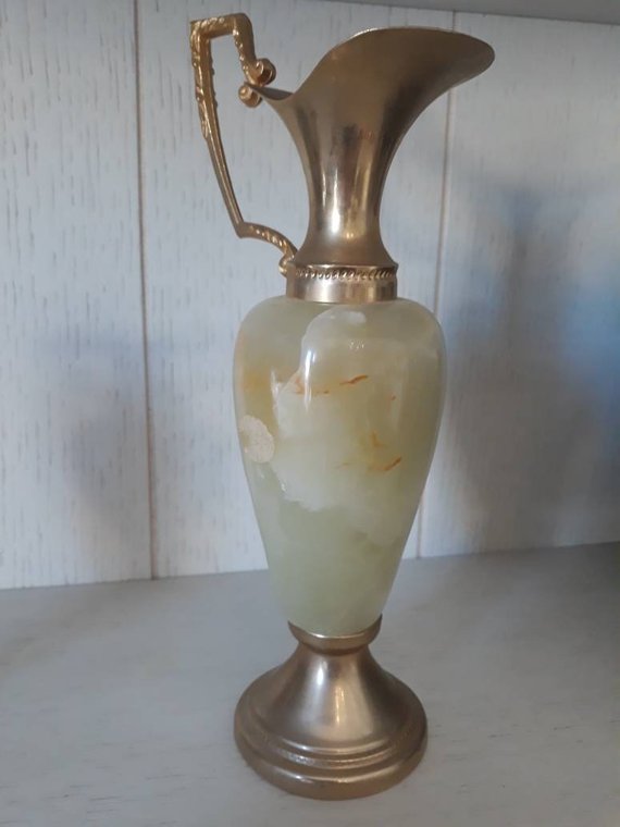 Antique Italian Alabaster And Gilded Brass Vase Vintage Pale
