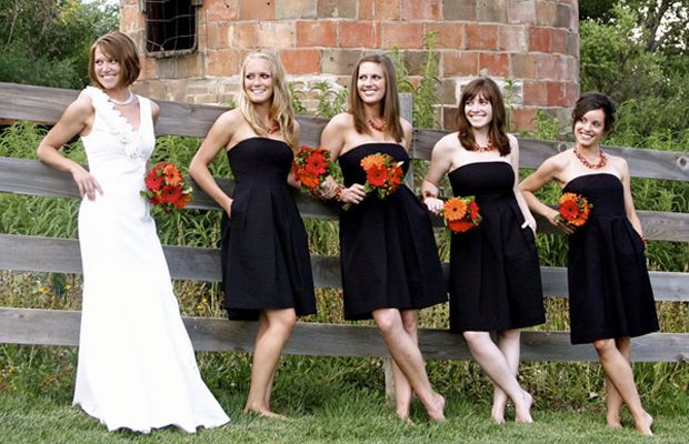 5 Tips To Help You Find Your Wedding Colors Ideas Black Bridesmaids Dresses With Colored Flowers And Accessories