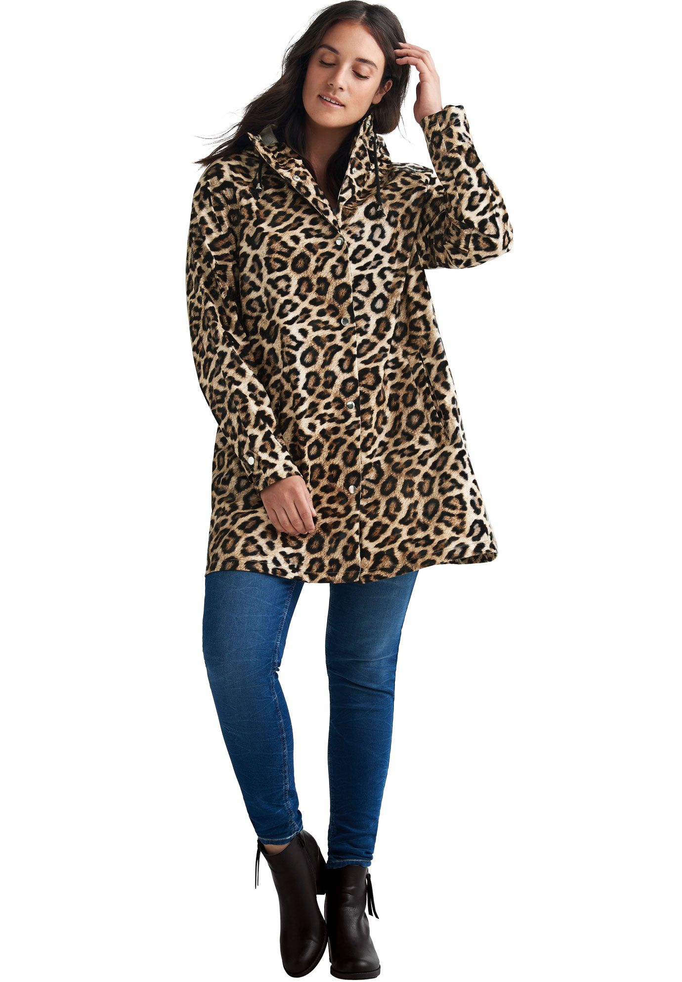 Ellos Womens Plus Size Animal Print Hooded Raincoat