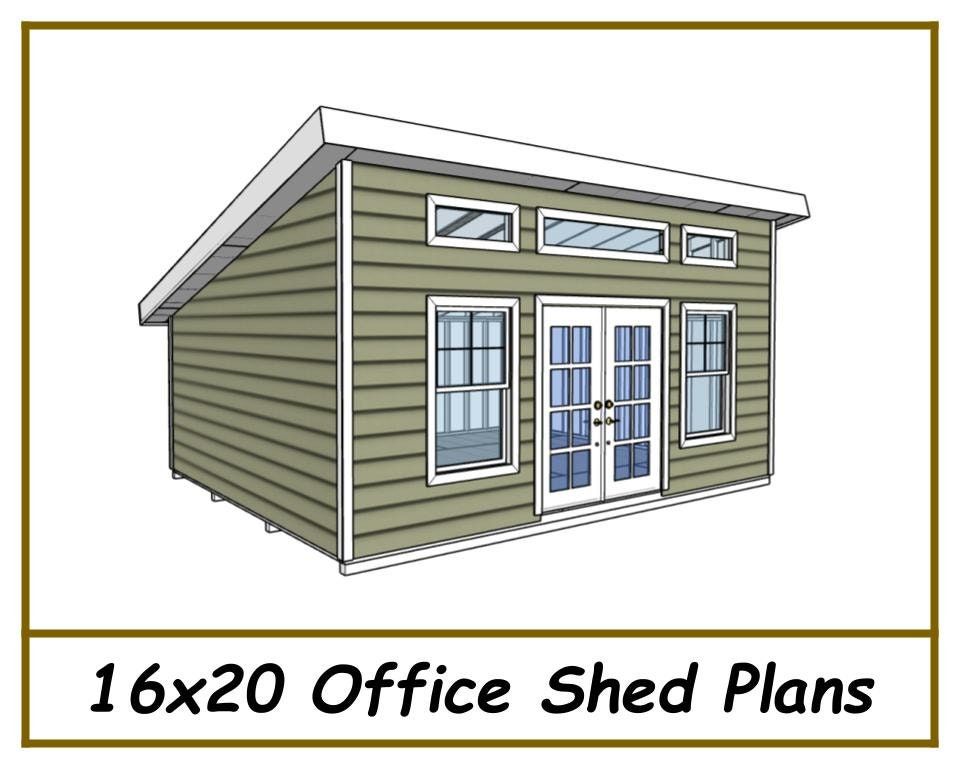 "Make building your own 16x20 office shed simple with these easy to follow step by step instructions that include a complete material list with all hardware, lumber, and materials needed. All drawings have measurements, directions, and 2D and 3D images that are easy to follow. -16x20x12'1\" -Built on Skids -16\" on center Floor Framing -16\" on center Wall Framing -24\" on center Roof Framing -6' French Door -3 Transom Windows -2 Single Hung Windows -2x4 Framing -2x10 Rafters -1' Overhangs -26 p Modern Cabin House, Modern Cabin Plans, Cottage Tiny House, Cottage Plan, Shed Floor Plans, Lean To Shed Plans, Diy Shed Plans, Small House Plans, 12x20 Shed Plans