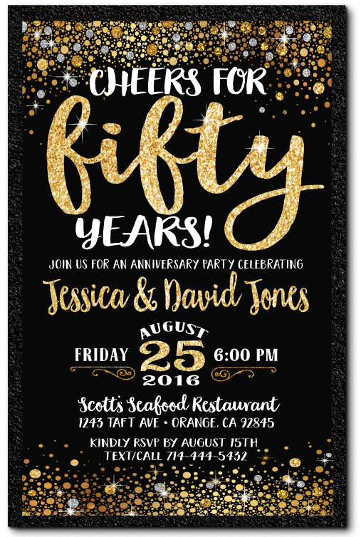 cheers for 50 years gold anniversary party invitations printed on