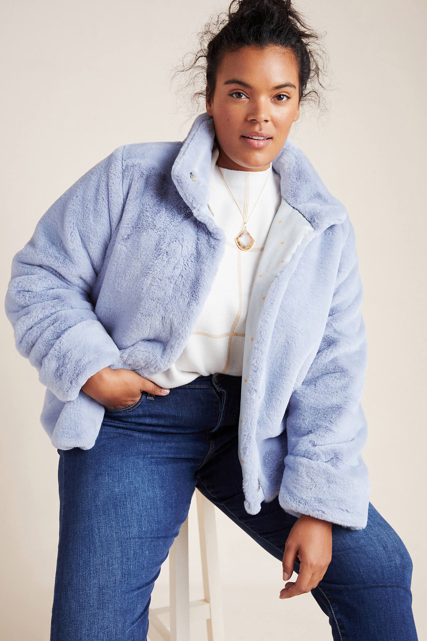 Plus Blue Cropped Faux Fur Hooded Coat Plus Blue Cropped Faux Fur Hooded Coat