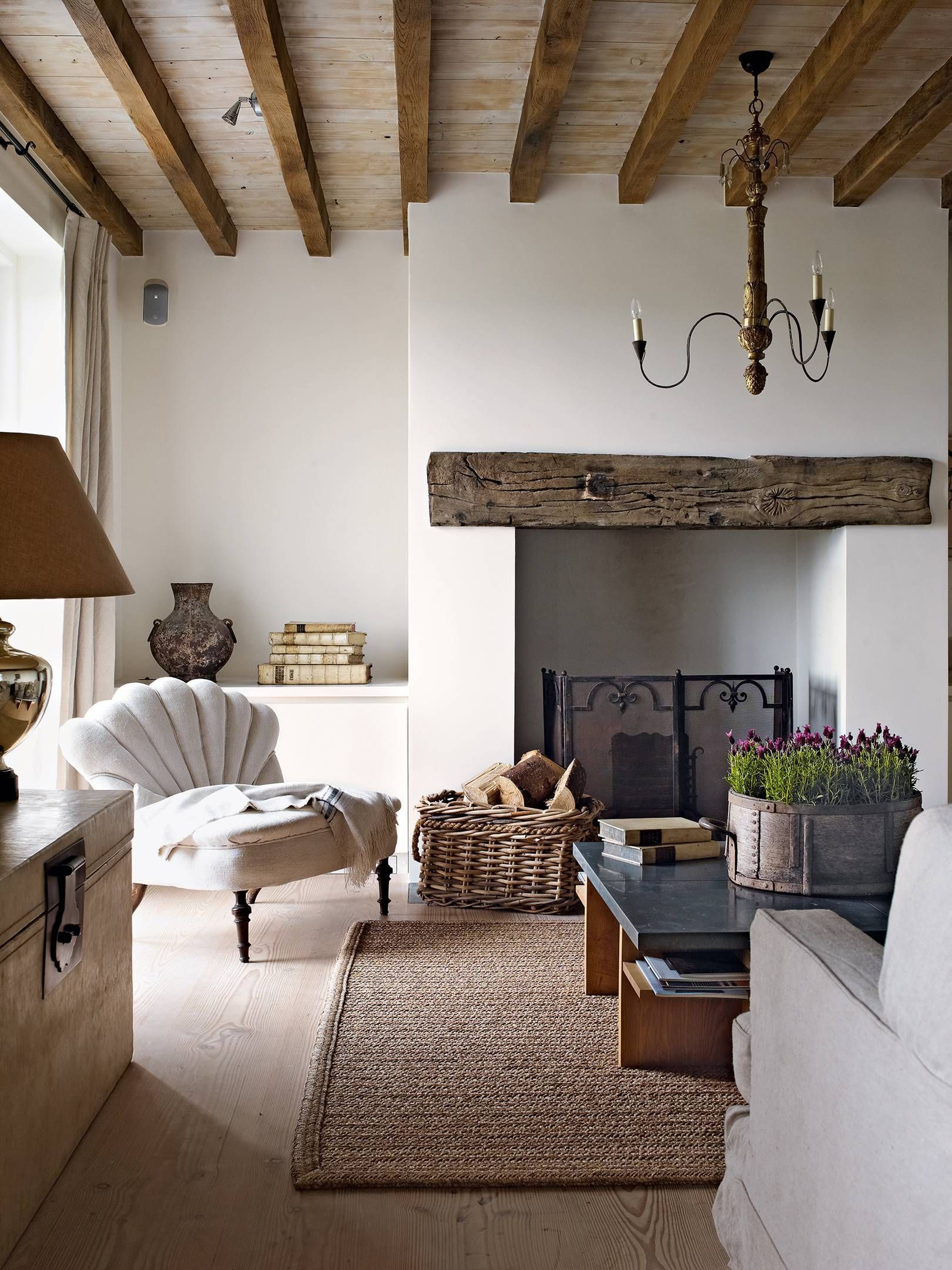 The drawing room encapsulates the 'seaside-meets country' look of the interior, with its nineteenth century scallop-backed chair and rustic fireplace. Living Room Interior, Home Living Room, Cottage Living Rooms, House Interior Decor, Interior Art, Bathroom Interior, Interior Ideas, Bathroom Ideas, Rustic Fireplaces