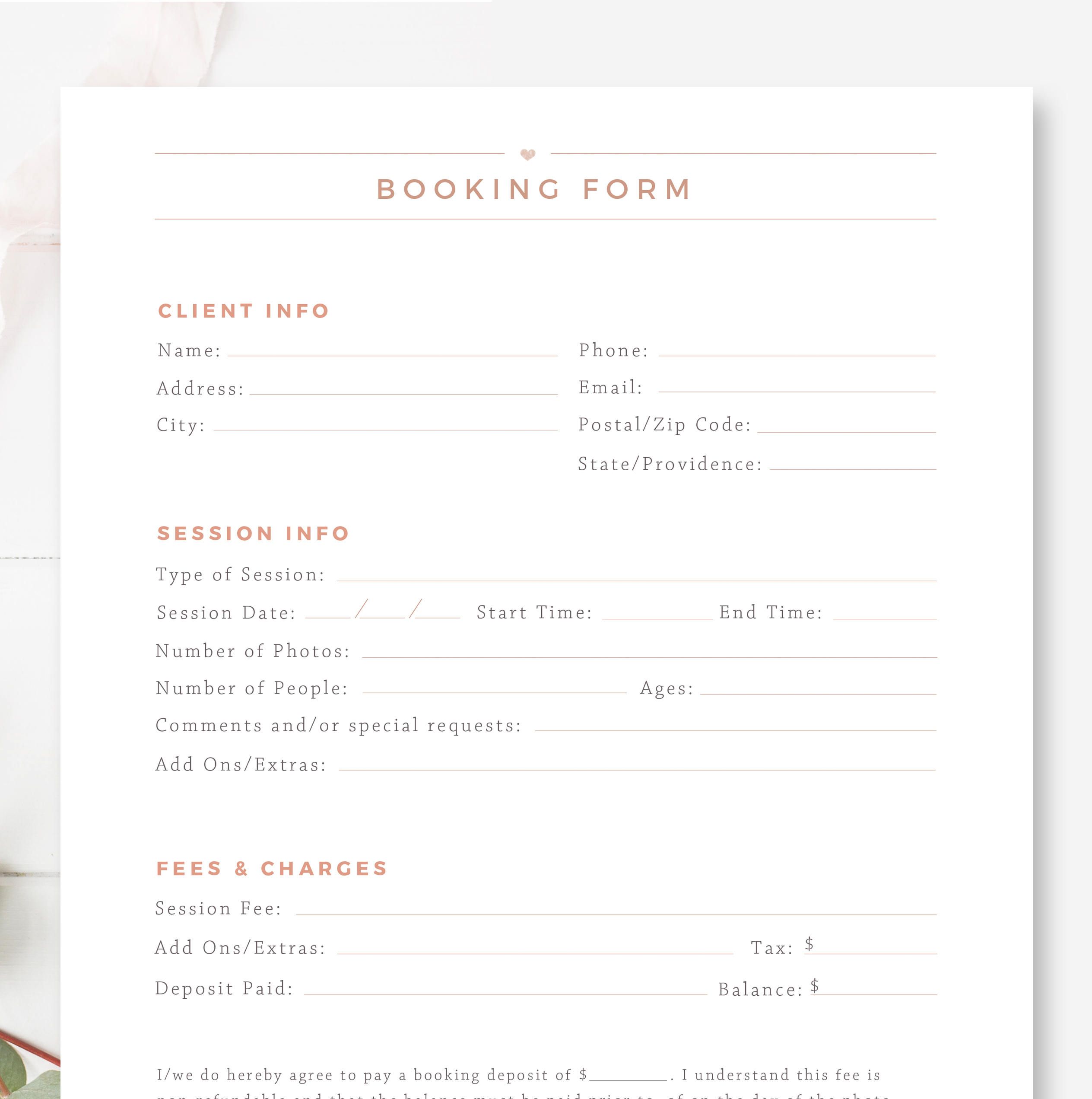 "Client Booking Form For Photographers Offer your clients a way to sign up for one of your photo sessions or photography packages with this modern Client Booking Form for Photographers. INSTANT DOWNLOAD Matching forms and templates from the same series: Session Contract: http://etsy.me/2ujEdtG Referral Card: etsy.me/2vKlkxEe Invoice: http://etsy.me/2E15SSu Model Release: http://etsy.me/2s8QO3P Print Release: http://etsy.me/2s9HzjS ------------------------------------------------------- THE BOOKI Photography Contract, Photography Business, Photography Tips, Photography Templates, Freelance Photography, Wedding Photography, Photography Resources, Photography Studios, Photography Marketing
