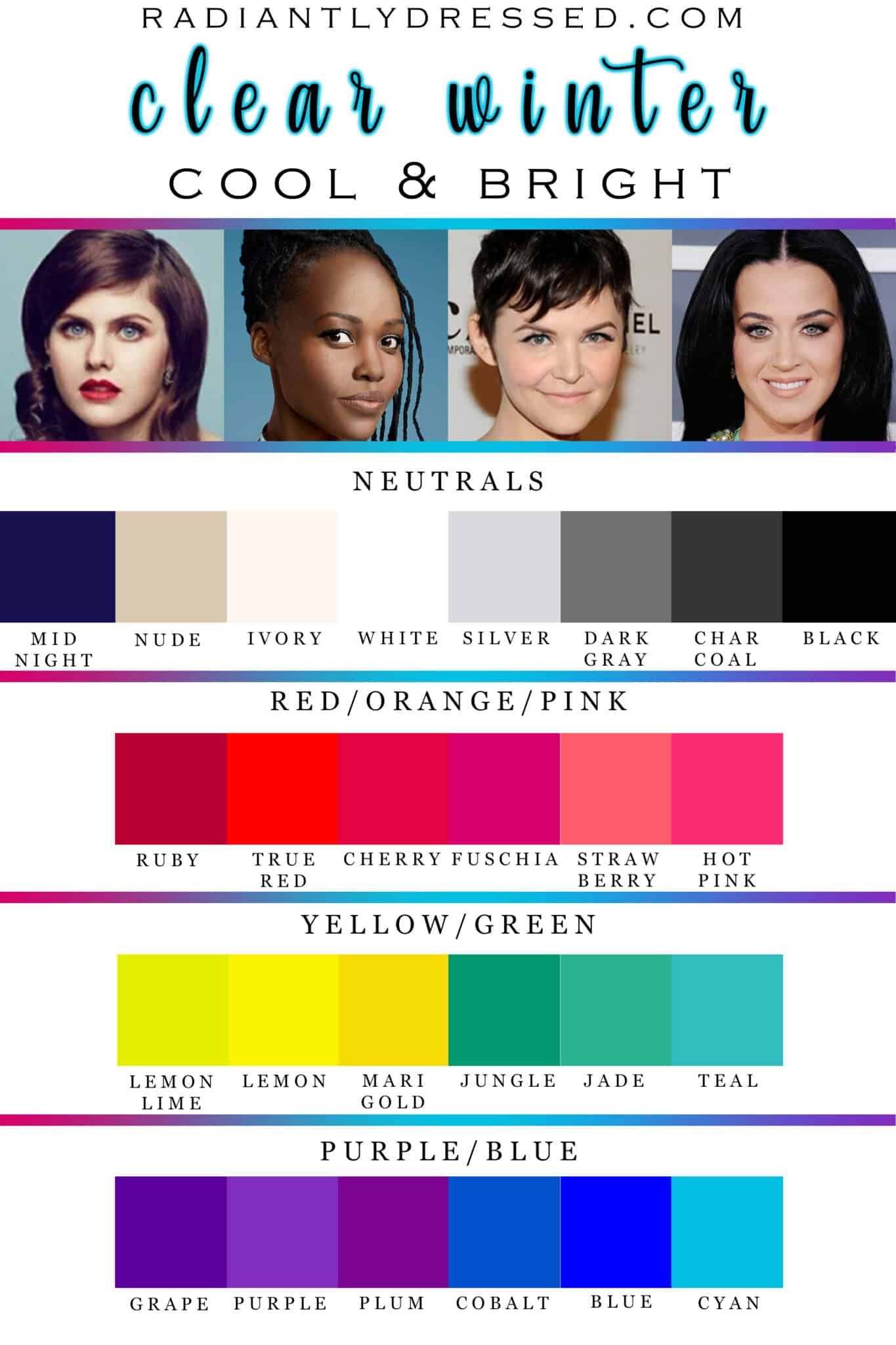 All About Clear Winter: Explore the 12 Seasons at Radiantly Dressed Clear Winter Skin, Clear Winter Palette, Winter Skin Tone, Cool Winter Color Palette, Deep Winter Colors, Winter Neutral, Bright Winter, Winter Hair Color, Dark Winter