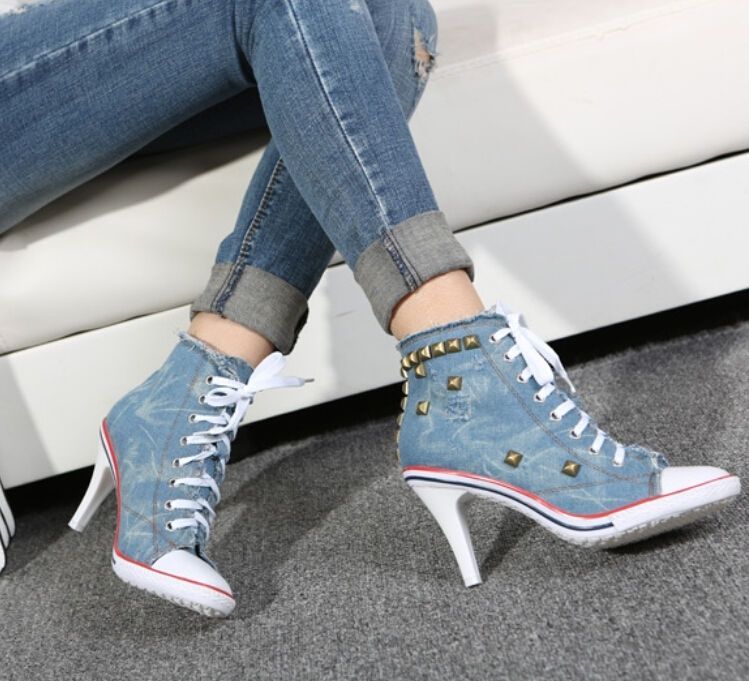 New Womens Denim Canvas Rivet High Heel Stilettos Lace Up Sneakers ...