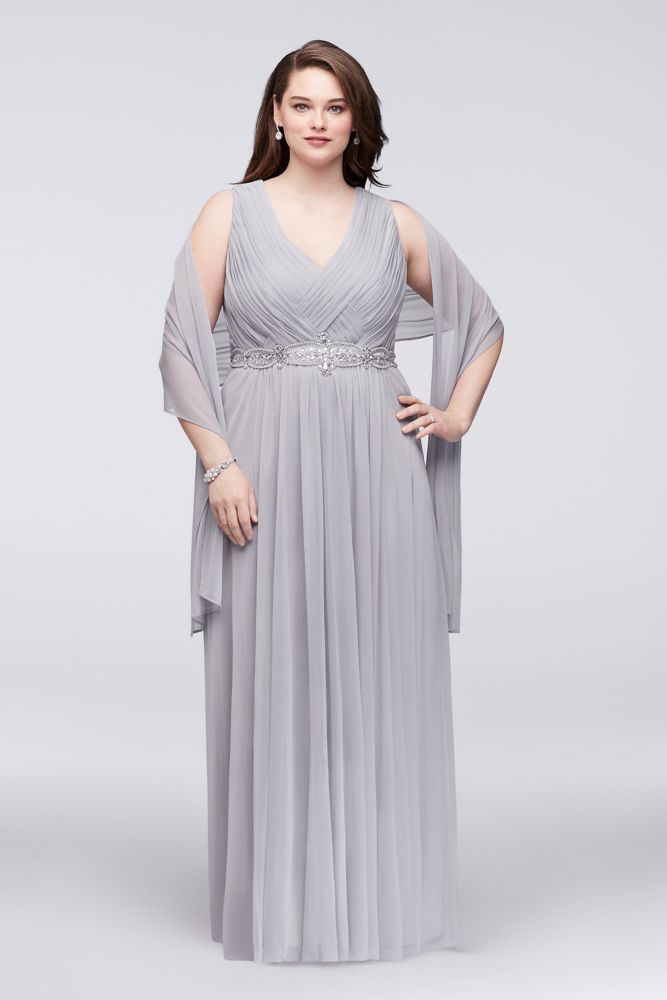 Woven-Bodice Chiffon Plus Size Mother of Bride/Groom Gown with Beading - Silver, 16W | Beaded