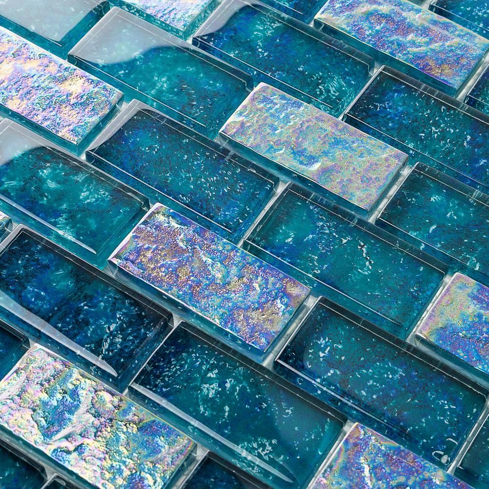 Ivy Hill Tile Marina Iridescent Aqua Brick 11 3 4 In X 11 3 4 In 8 Mm Glass Mesh Mounted Mosaic Tile Ext3rd100124 The Home Depot Glass Mosaic Tiles Glass Tile Bathroom Glass Pool Tile