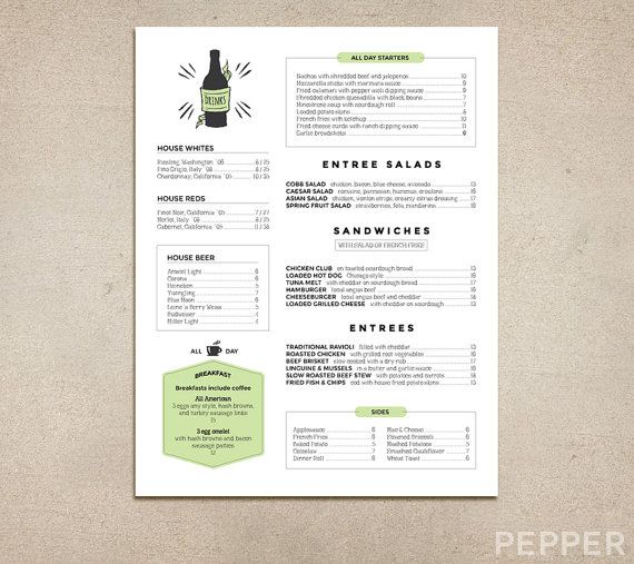 custom restaurant menu printable pdf diner pub coffee printable food menus
