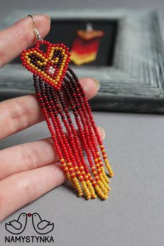 Valentines day heart earrings Valentines day gift Love jewelry Long earring Beaded hearts Heart earrings Seed bead earrings Red earrings