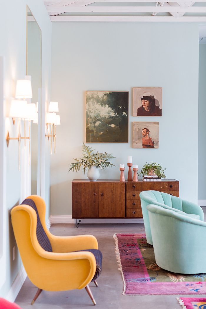 Sherbet-y shades and pops of pink set this space apart. Aqua Living Room, Home Living Room, Living Room Decor, Living Spaces, Kitchen Living, Farmhouse Living, Interior Design Inspiration, Room Inspiration, Design Ideas