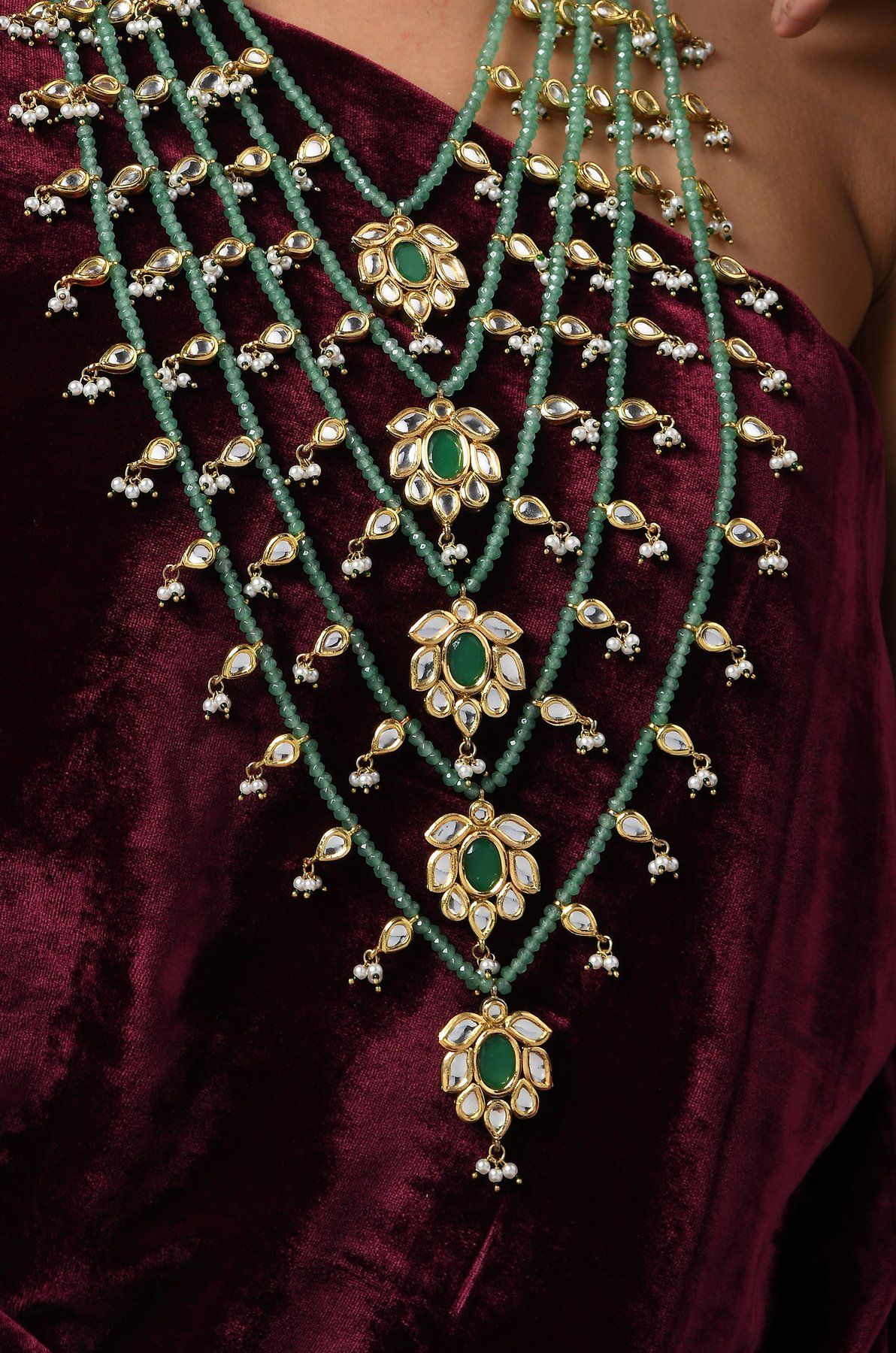 Green Gold Tone Pearl Beaded NecklacePearl NecklaceIndian JewelleryTraditional Jewellery
