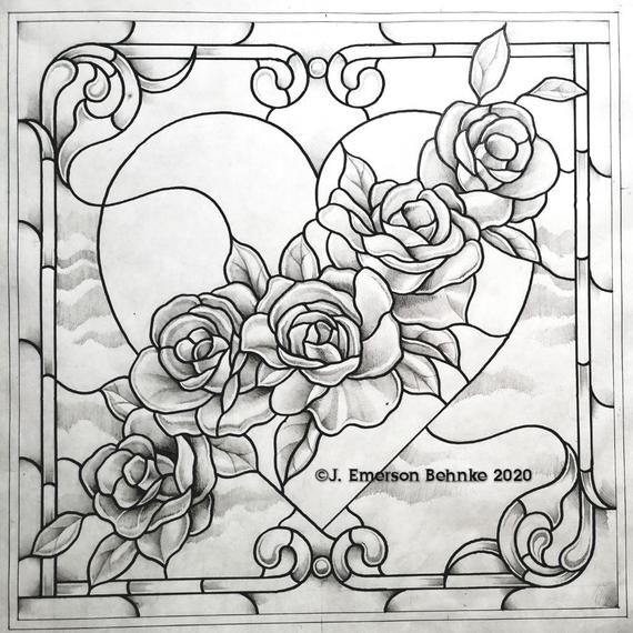 Heart and Roses. A pattern for stained glass. Builds to 17 by 17 square. Customers will receive two full scale black and white prints via USPS. Stained Glass Paint, Custom Stained Glass, Stained Glass Christmas, Stained Glass Flowers, Stained Glass Designs, Stained Glass Projects, Glass Painting Patterns, Stained Glass Patterns Free, Glass Painting Designs