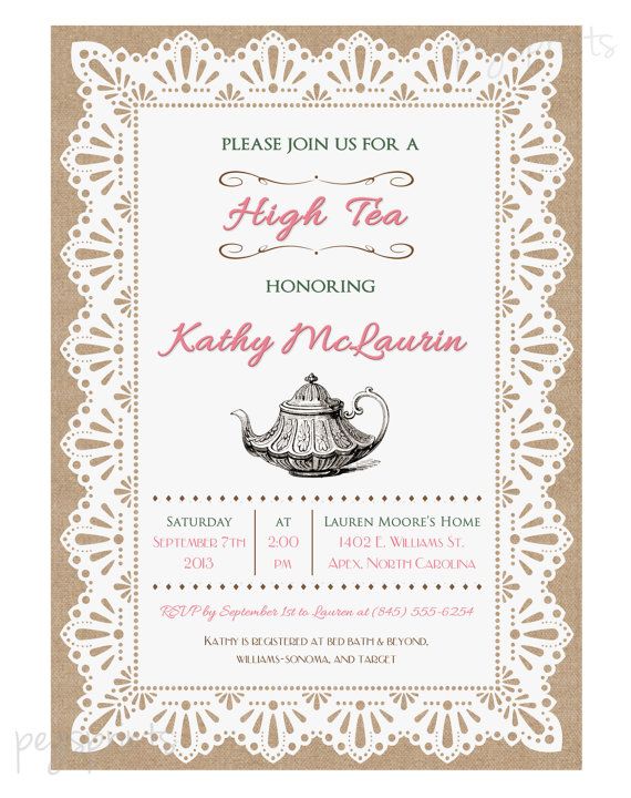 Lace Burlap High Tea Invitation Tea Party Printable by pegsprints