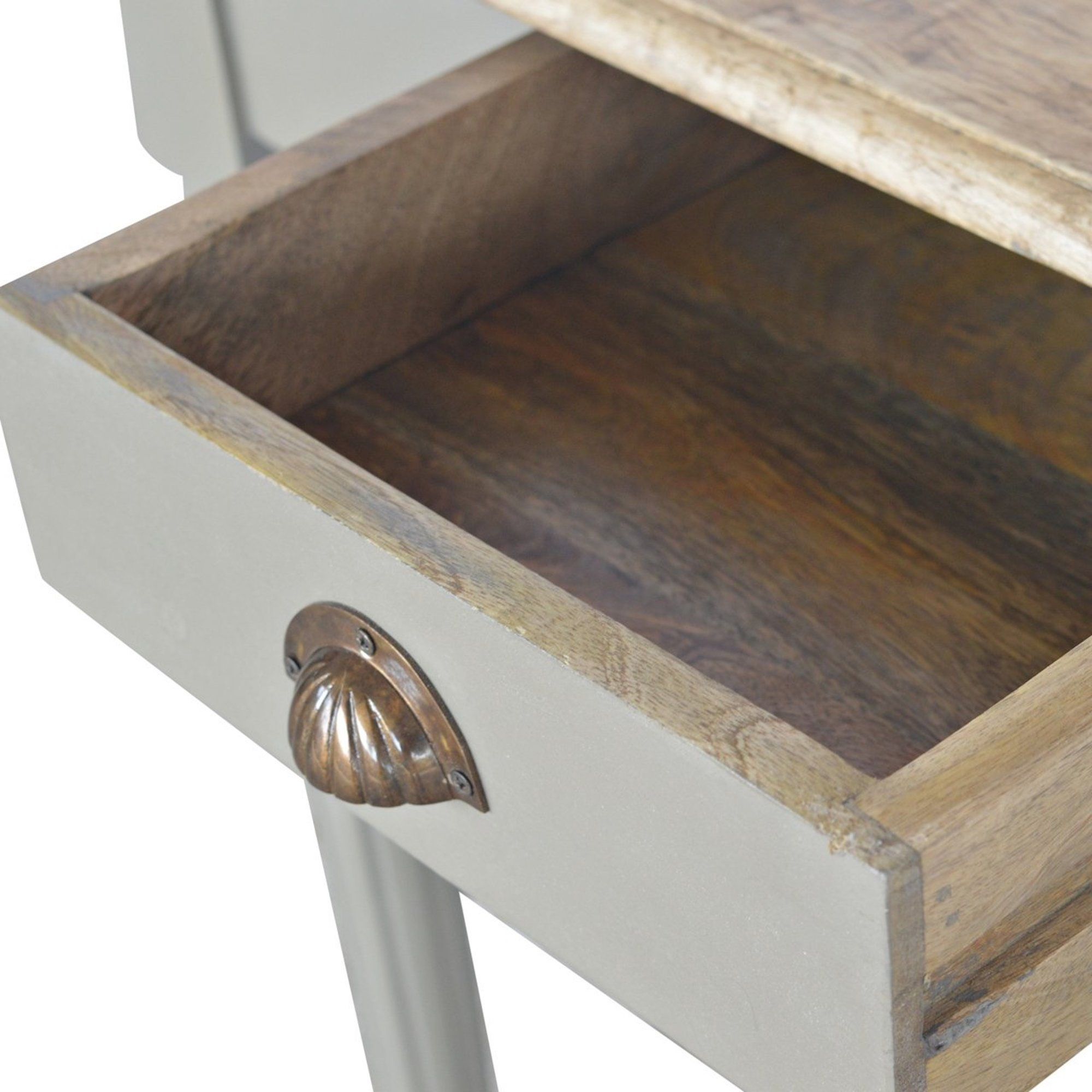 This one drawer writing desk is constructed from 100% solid mango wood and has a french grey hand-painted base and a stained oak-ish top. Other features include hand-carved flute legs to add to the vintage French style and a shell handles for easy access into the drawer. The perfect addition to any home. Painted Writing Desk, Small Writing Desk, Grey Office Desk, Grey Desk, Handmade Furniture, Painted Furniture, Method Homes, Daybed Sets, Sales Desk