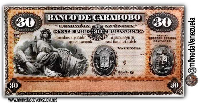 Billete de 30 Bolívares Banco de Carabobo C.A. Año 1883 ...