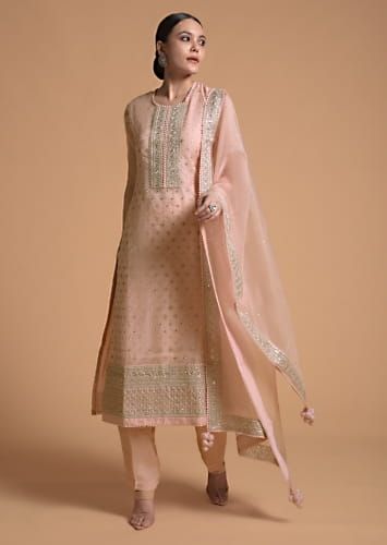 Buy Powder Peach Straight Cut Suit In Cotton With Maroon Bandhani Print And Sequin Accents Online - Kalki Fashion Kalki, Sequins Embroidery, Silk Pants, Straight Cut, Round Neckline, Organza, Placket, Maroon, Cold Shoulder Dress