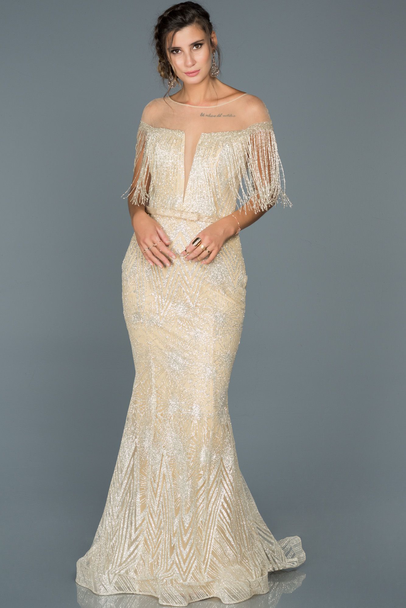 Bej Gold Payet Ve Puskullu Balik Abiye Abu425 The Dress Payet Nedime Giysileri