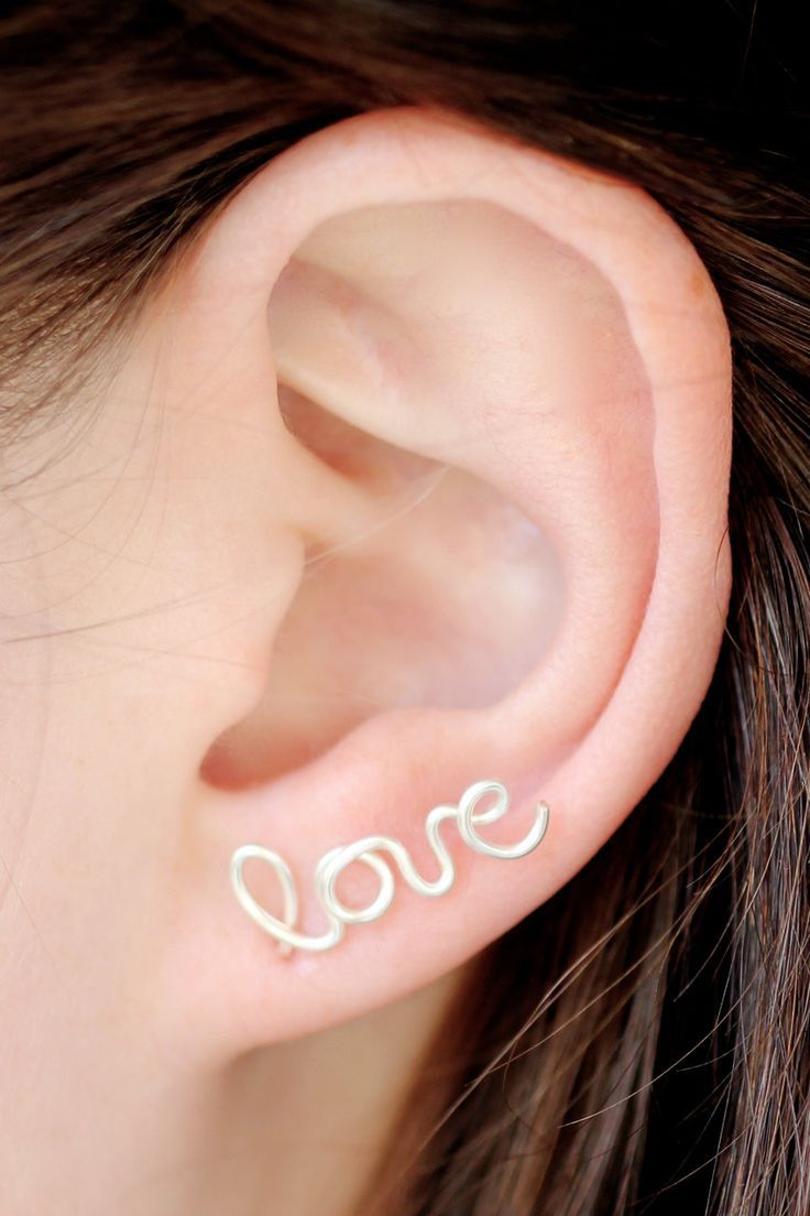 Love Earring Sterling Silver Plated Stud Cartilage Love Earring Sterling Silver Plated Stud Cartilage Single Word Handwritten Cursive Affirmation Ear Cuff 9 00 Via Etsy