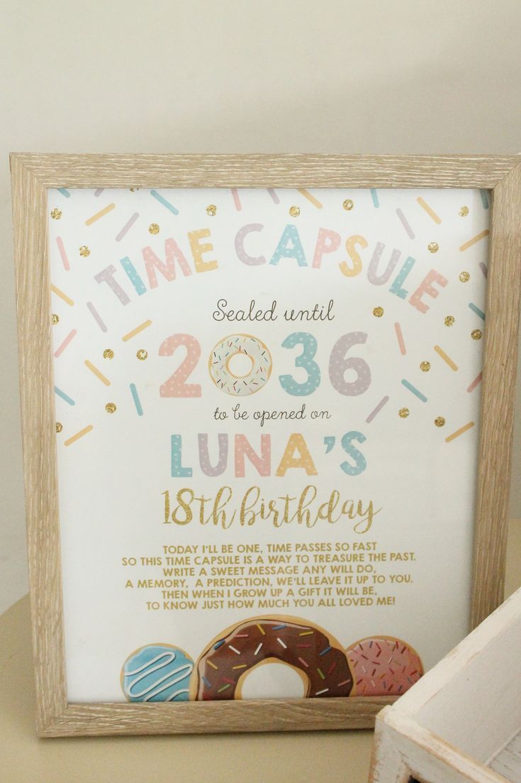 Love this time capsule idea for a first birthday party. A donut themed first...