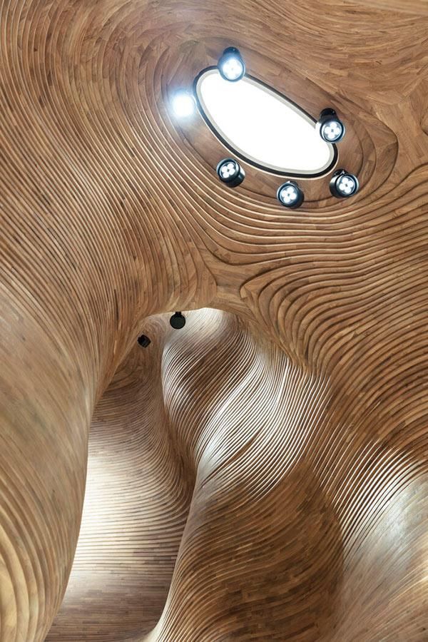 As many as 40,000 pieces of wood had to be fitted together for the gift shop in the National Museum of Qatar. The inspiration behind this award-winning interior design was supplied by a miracle of nature in Qatar’s desert. Gypsum Crystal, Computer Numerical Control, Hotels, 3d Modeling Software, Museum Gift, Leed, Desert Landscaping, Steel Structure, Scotia