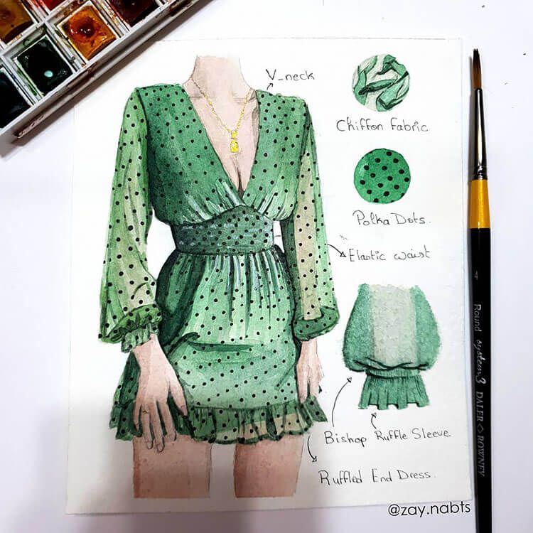 I personally love using outfit drawing references when I'm working on improving my drawing skills. If you're the same way, you're going to really enjoy browsing these drawing outfit ideas. This is a drawing of a green women's dress with polka dots. Fashion Sketchbook Inspiration, Fashion Design Sketchbook, Fashion Inspiration Design, Fashion Sketches, Fashion Design Drawings, Fashion Figure Drawing, Fashion Drawing Dresses, Fashion Illustration Dresses, Fashion Design Illustrations