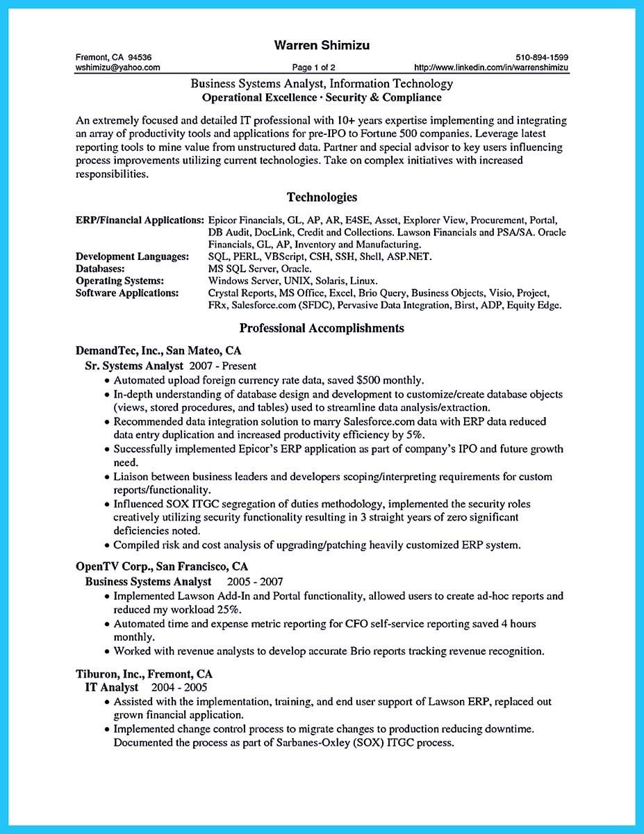 business systems analyst resume sample