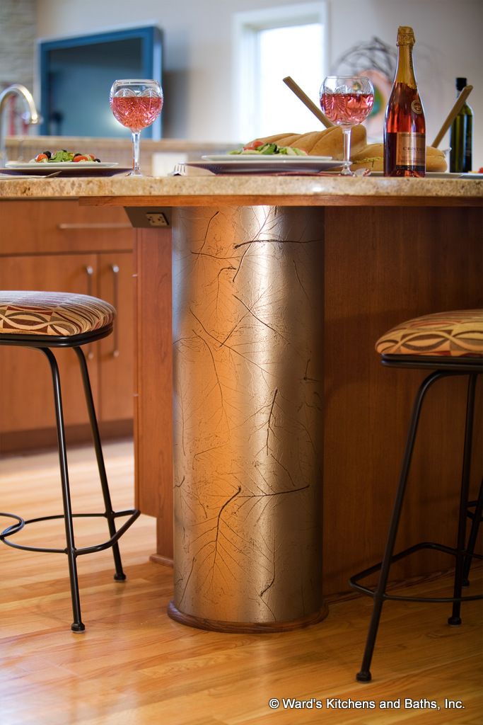 Textured Metallic Laminate Was Use To Wrap This Circular Breakfast Bar Support Column Installation Table Interior Decorating Column Laminate Installation, Wrap Around Bar Table
