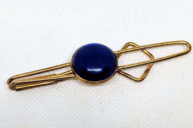 1940s Vintage Tie Bar with Cobalt Blue Lucite Round Cabochon Slide Tie Clasp/ Clip Gift for Him Groom, Boyfriend, Husband, Son, Father