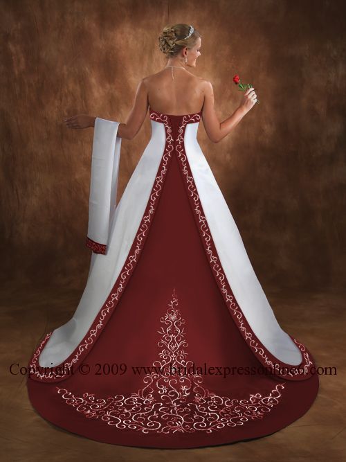 burgundy white wedding dress