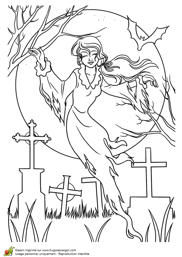 coloriage d un fantôme survolant un cimetière halloween on fantome coloriage id=39991