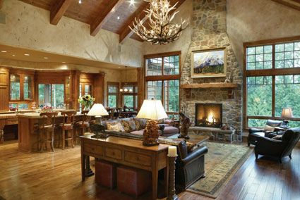 This Mive Vaulted Room Features A Large Stone Fireplace At One This Mive Vaulted Room Features A Large Stone Fireplace At One End And Formal Dining Area The Other Plan 441015
